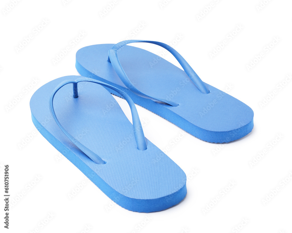 Pair of stylish blue flip-flops on white background