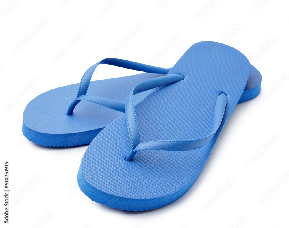 Pair of stylish blue flip-flops on white background