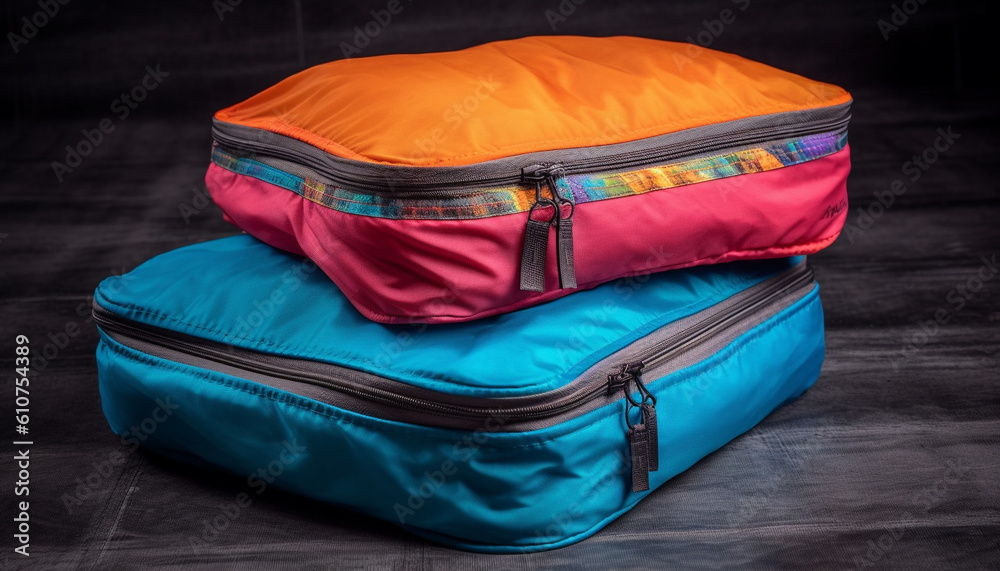 Stack of colorful luggage and bags for summer travel adventure generated by AI