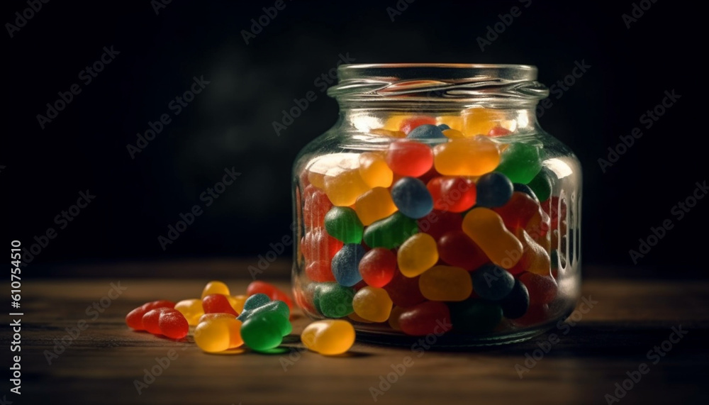 Multi colored candy jar with sweet snacks, dessert variation, and fruit generated by AI