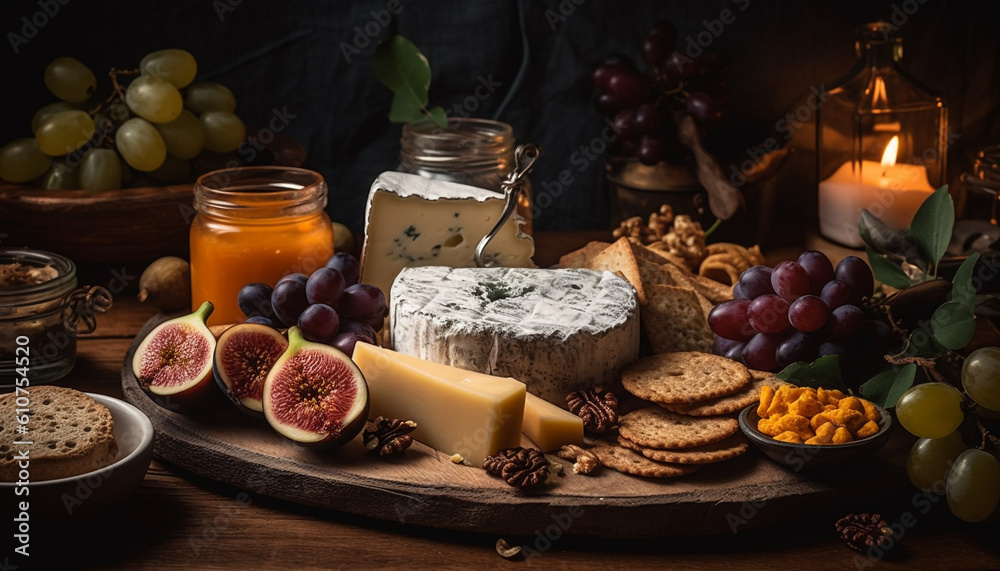 A rustic plate of gourmet French food, with wine and cheese generated by AI