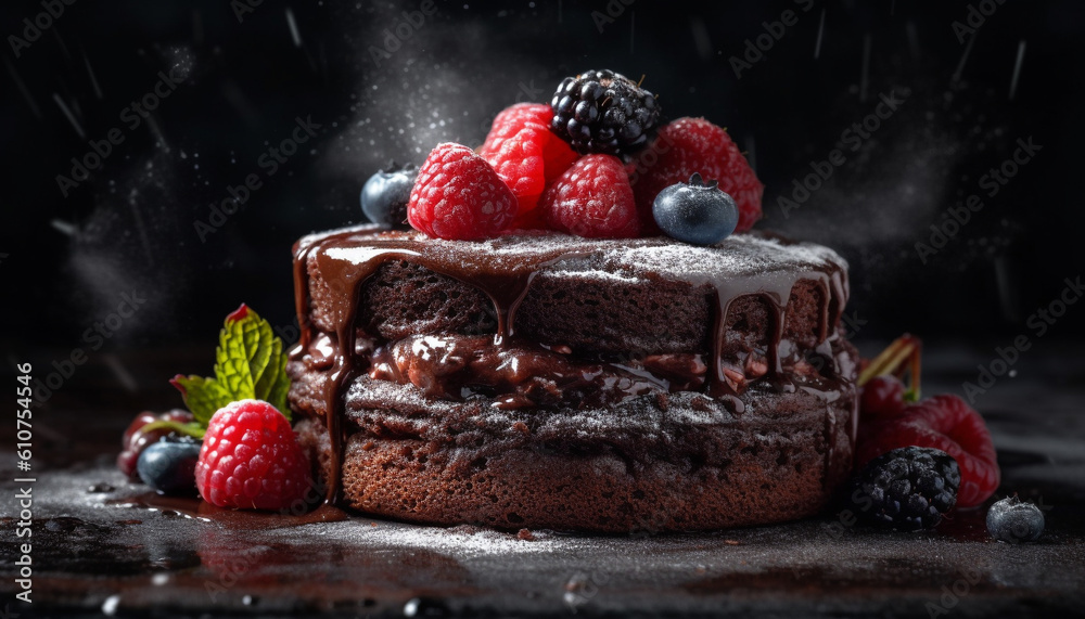 Indulgent homemade dessert plate with fresh berry and chocolate slice generated by AI