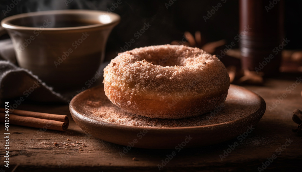 Freshly baked homemade chocolate donut on rustic wooden table generated by AI