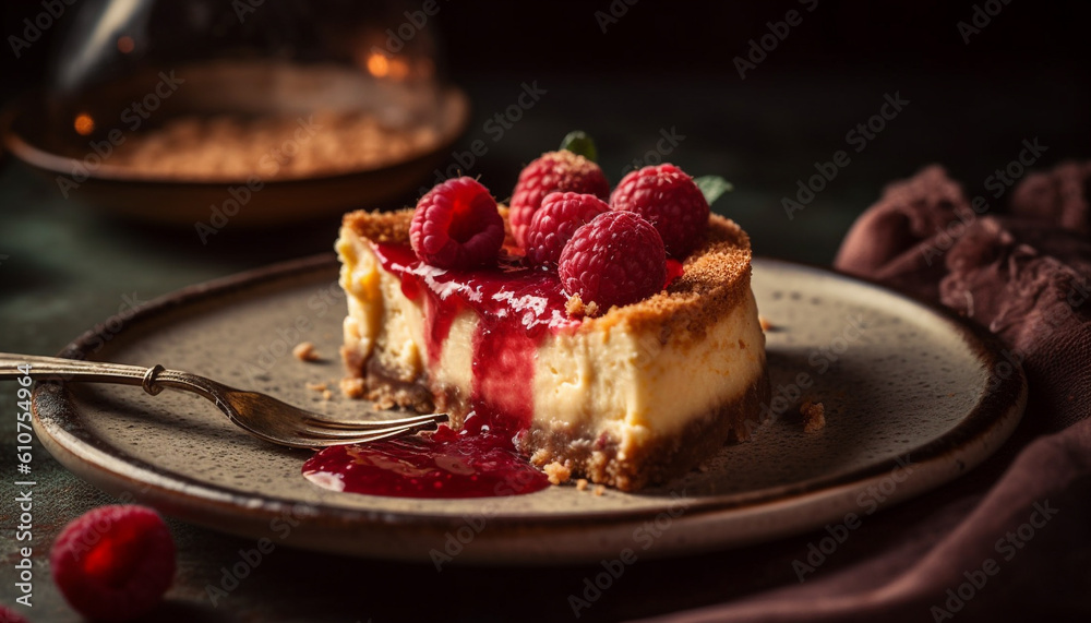 Indulgent homemade berry cheesecake with raspberry and chocolate on plate generated by AI