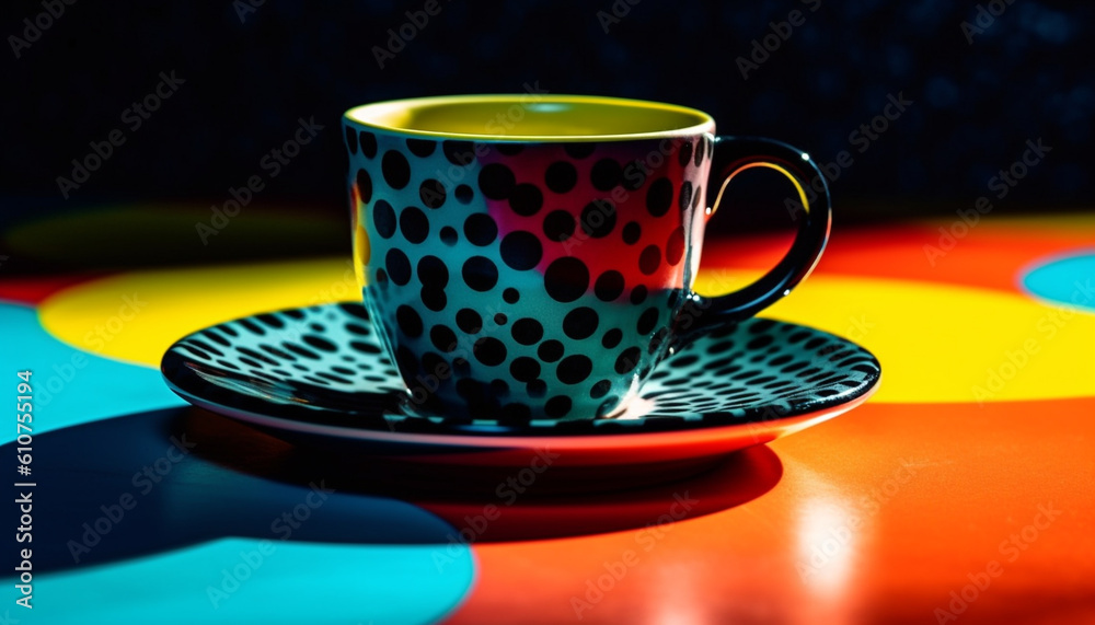 Vibrant coffee cup stack on wooden table for refreshing break generated by AI