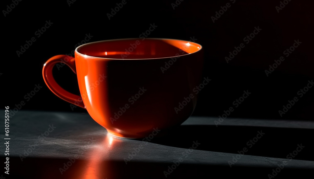 Hot coffee in a shiny mug on a wooden table generated by AI