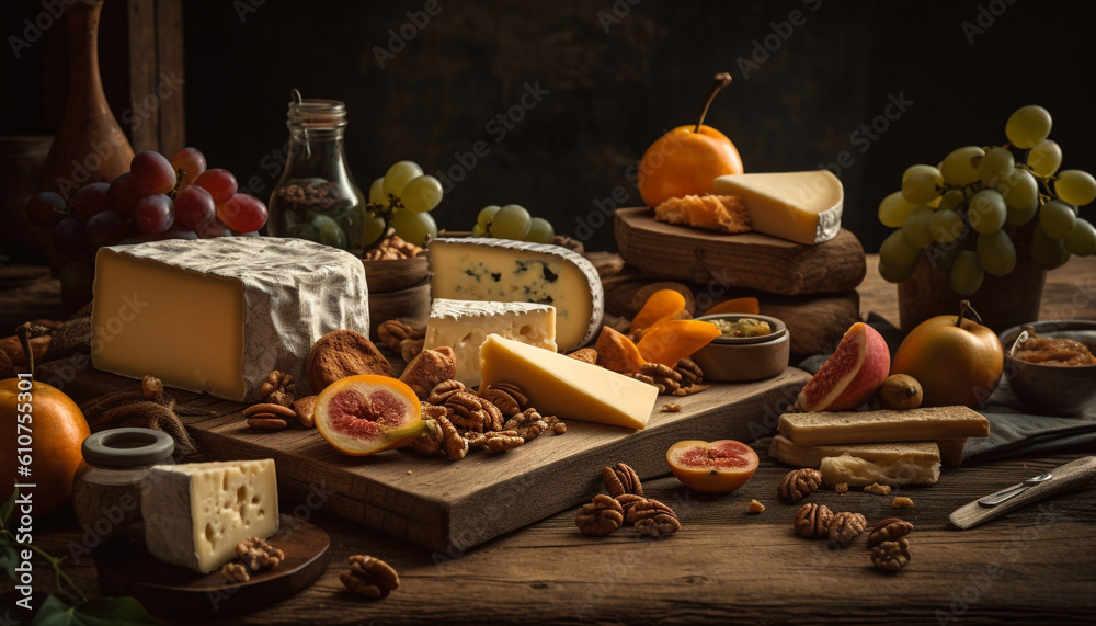 Rustic table with gourmet cheese, fruit, and wine variations generated by AI