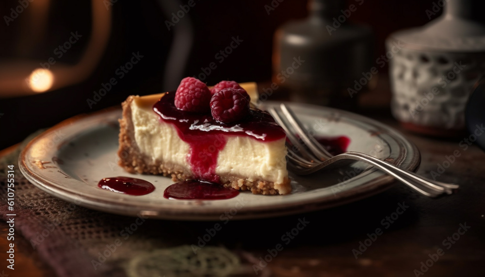 Indulgent homemade raspberry cheesecake slice on rustic wooden plate generated by AI