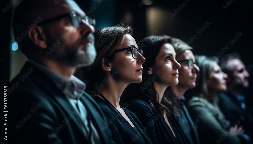 A large group of professionals in an auditorium, focusing together generated by AI