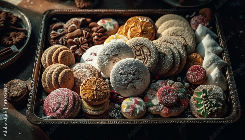 A large variety of homemade cookies, baked with indulgence generated by AI