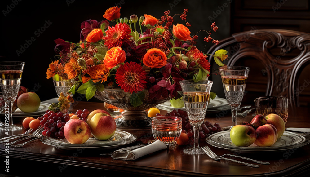 Still life arrangement of fresh fruit, wine, and elegant decor generated by AI