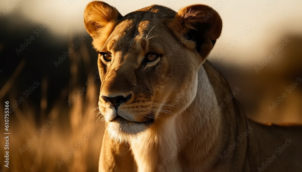 Majestic lioness staring at camera in African wilderness at sunset generated by AI