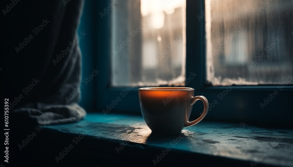 Rustic coffee cup on wooden window sill, steam and relaxation generated by AI