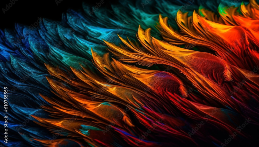 Vibrant peacock feather in abstract fractal design, flying with elegance generated by AI