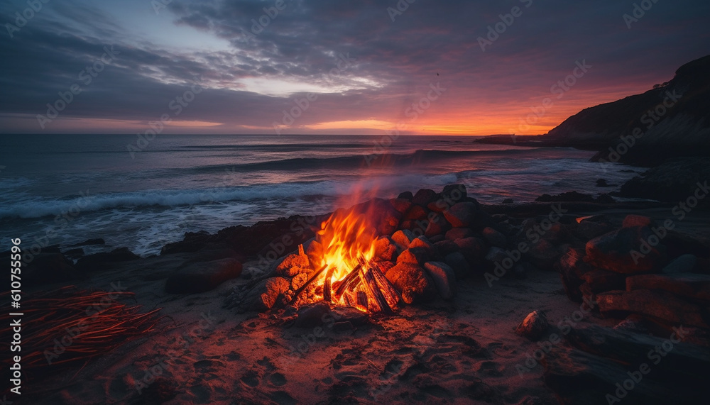 Tranquil sunset over rocky coastline, flames dance on bonfire generated by AI