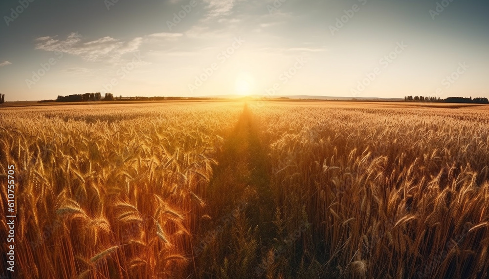 Golden wheat fields glow in tranquil sunset, ripe for harvesting generated by AI