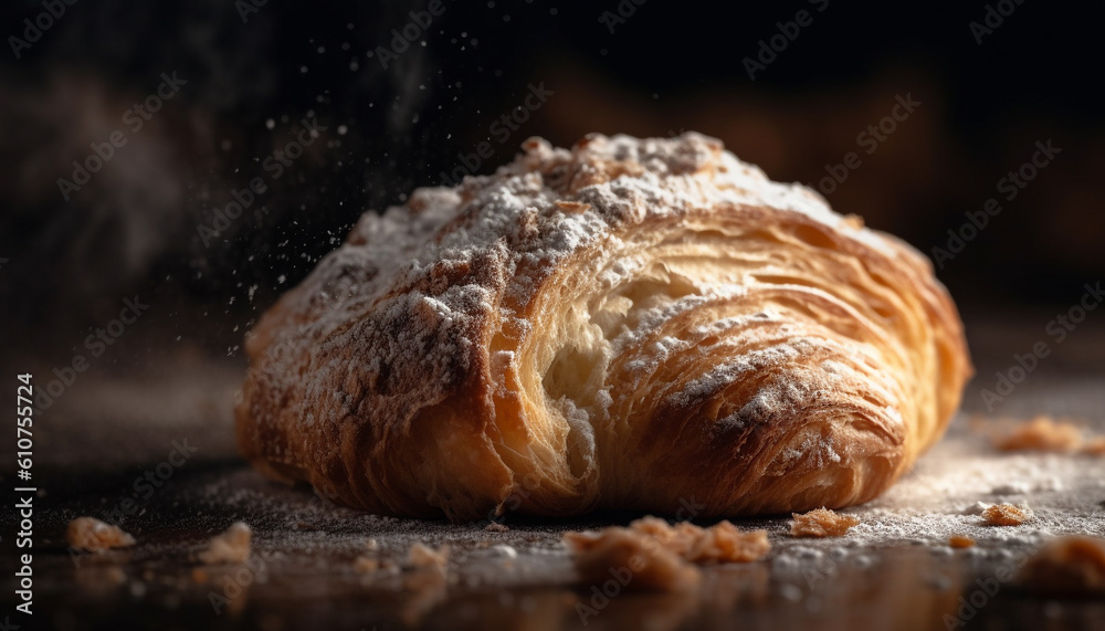 Freshly baked croissant on rustic wood table, a gourmet delight generated by AI