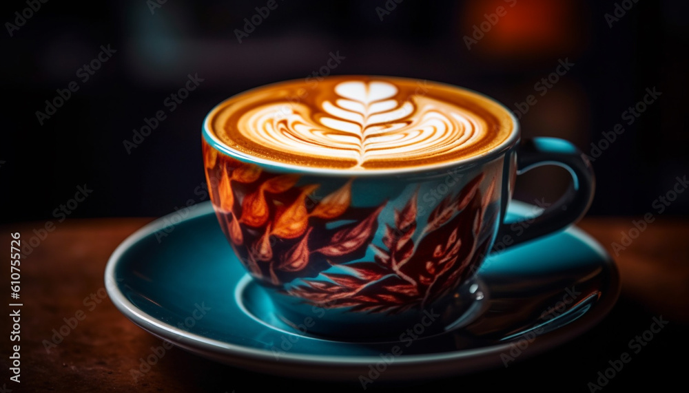 Frothy cappuccino in coffee cup on wood table, heart decoration generated by AI