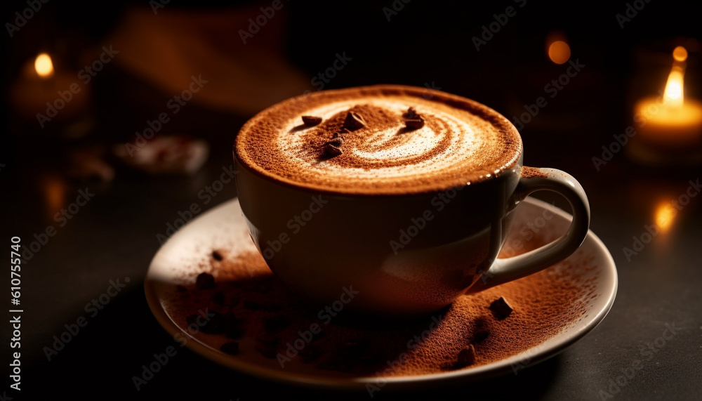 Hot coffee cup on rustic table, foam and steam rising generated by AI