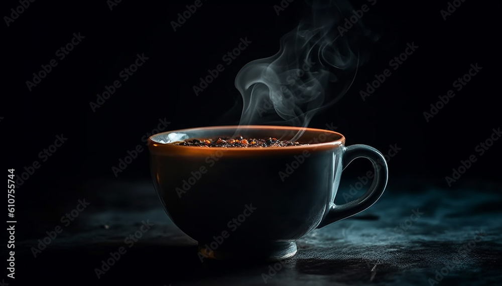 Hot coffee steams on rustic table, black background adds elegance generated by AI