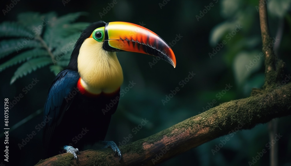 Vibrant toucan perching on branch in tropical rainforest beauty generated by AI