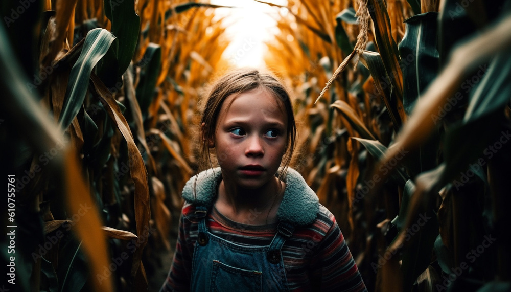 Young adult Caucasian man looking at camera in autumn forest generated by AI