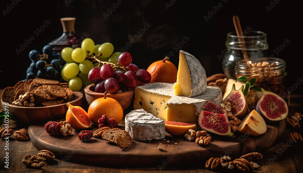 A rustic French gourmet meal with wine, cheese, and figs generated by AI