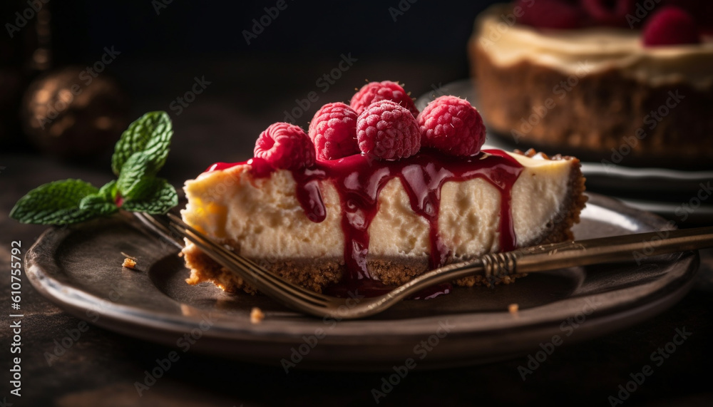 Indulgent homemade berry cheesecake with raspberry and chocolate decoration generated by AI