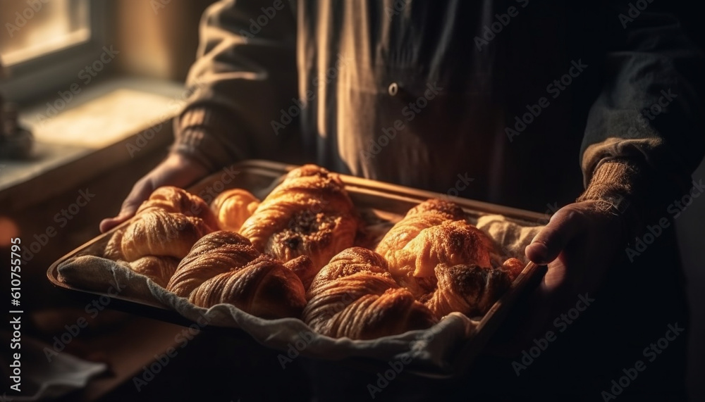 One man preparing rustic homemade croissant, a gourmet winter refreshment generated by AI