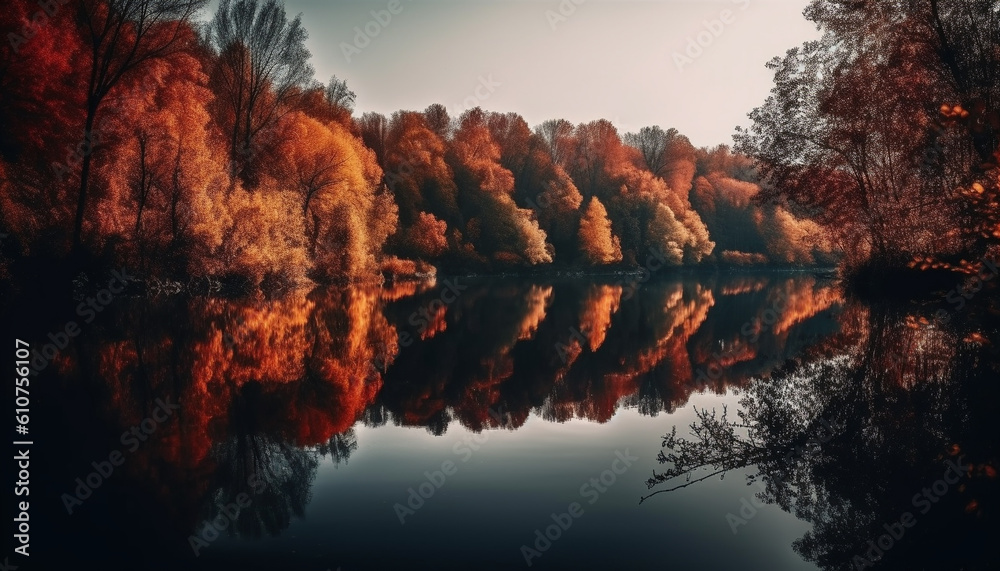 Tranquil autumn forest reflects vibrant colors in tranquil pond generated by AI