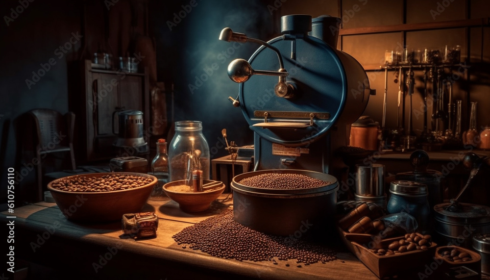 Rustic coffee shop prepares fresh, wholegrain coffee with antique machinery generated by AI