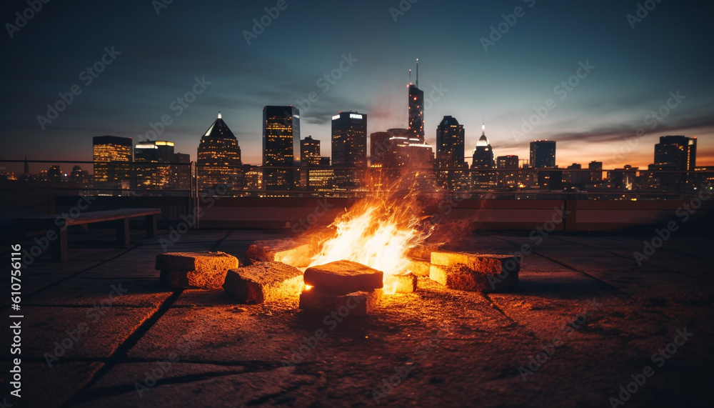 Glowing cityscape at dusk, skyscrapers illuminated by natural phenomenon generated by AI