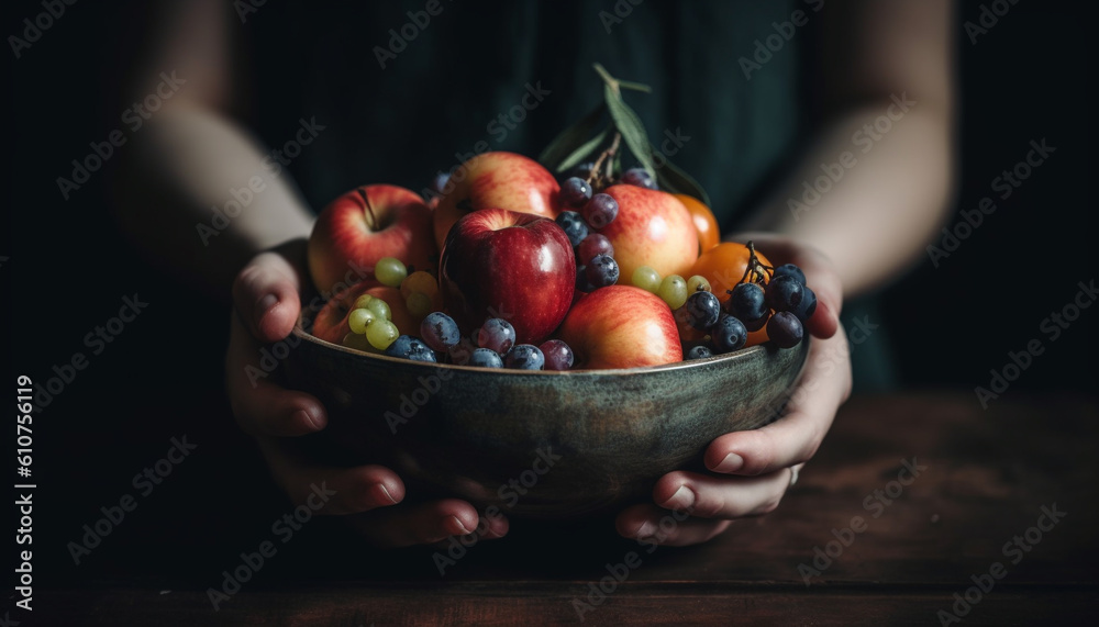 Hand holding ripe berry fruit in wooden bowl on table generated by AI