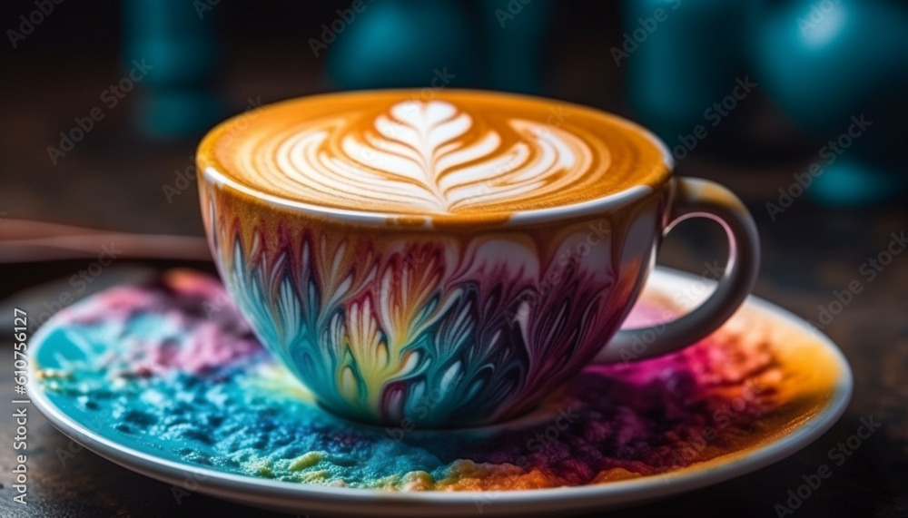 Cappuccino and latte on wooden table, frothy drink perfection generated by AI