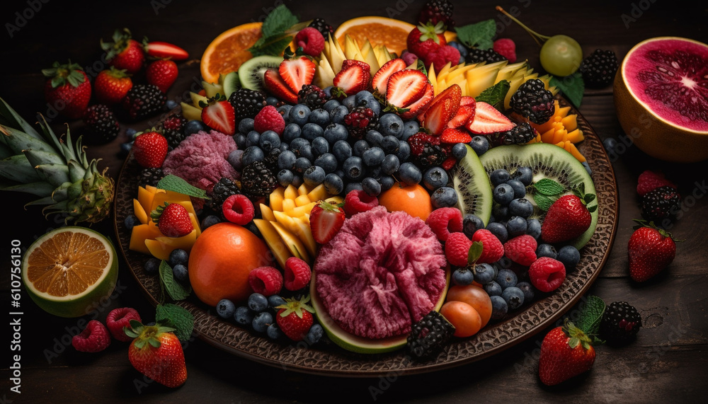 Fresh berry salad with multi colored fruit on a wooden table generated by AI