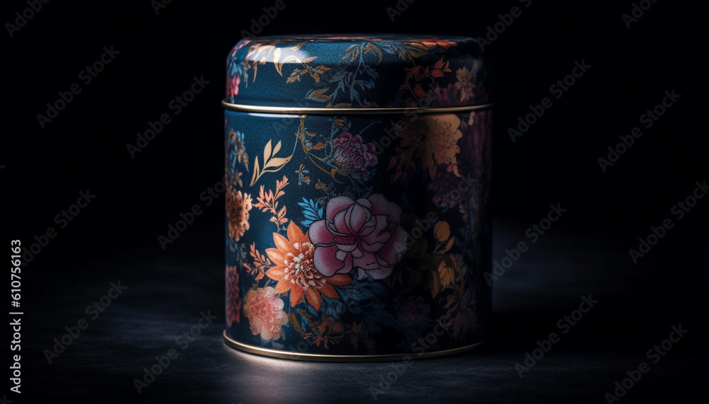 Ornate antique vase with floral pattern on rustic wooden background generated by AI