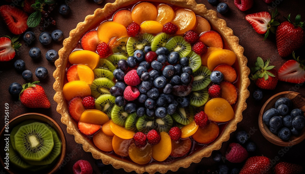 Fresh berry dessert plate with multi colored gourmet indulgence toppings generated by AI