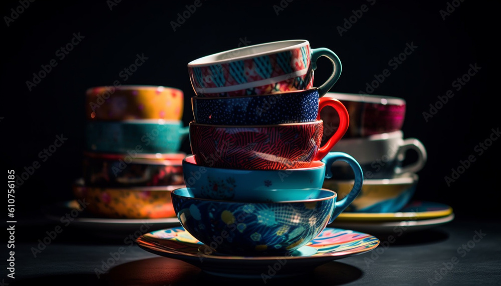 Multi colored crockery stack on wooden table, pottery mug collection decoration generated by AI