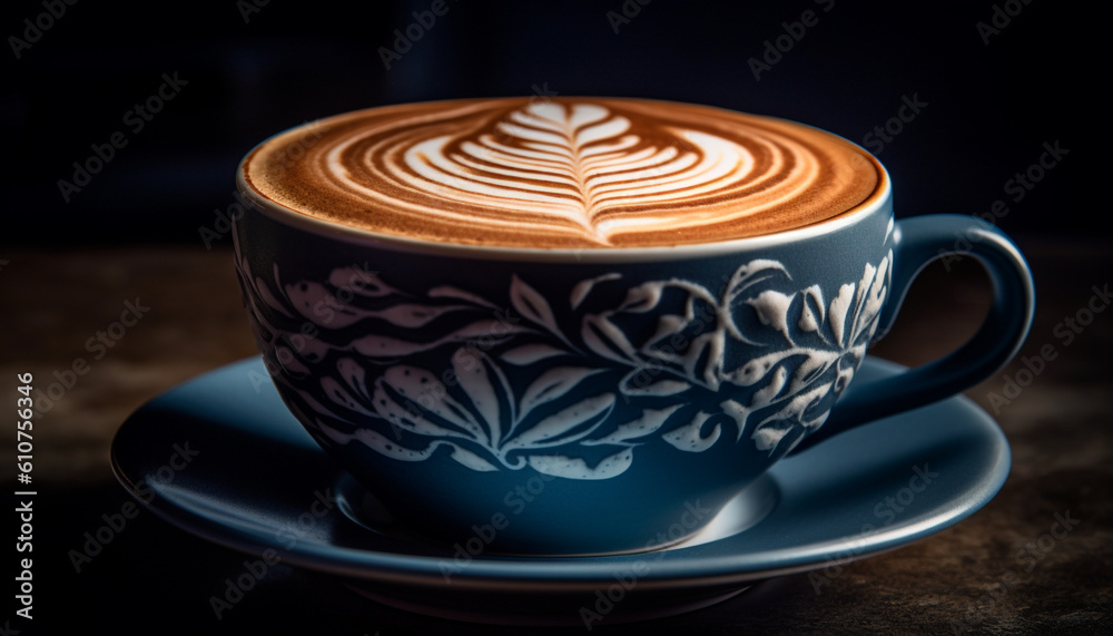 Frothy cappuccino in a coffee cup on a wooden table generated by AI