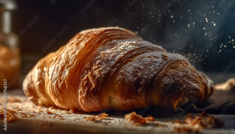 Freshly baked French croissant, a gourmet indulgence on rustic wood generated by AI