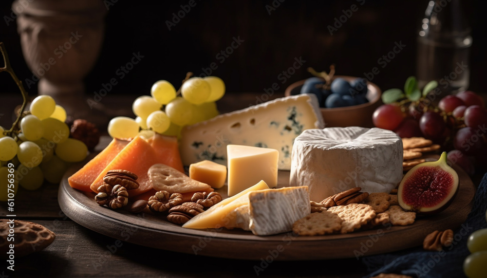 A rustic cheese board with a variety of gourmet dairy products generated by AI