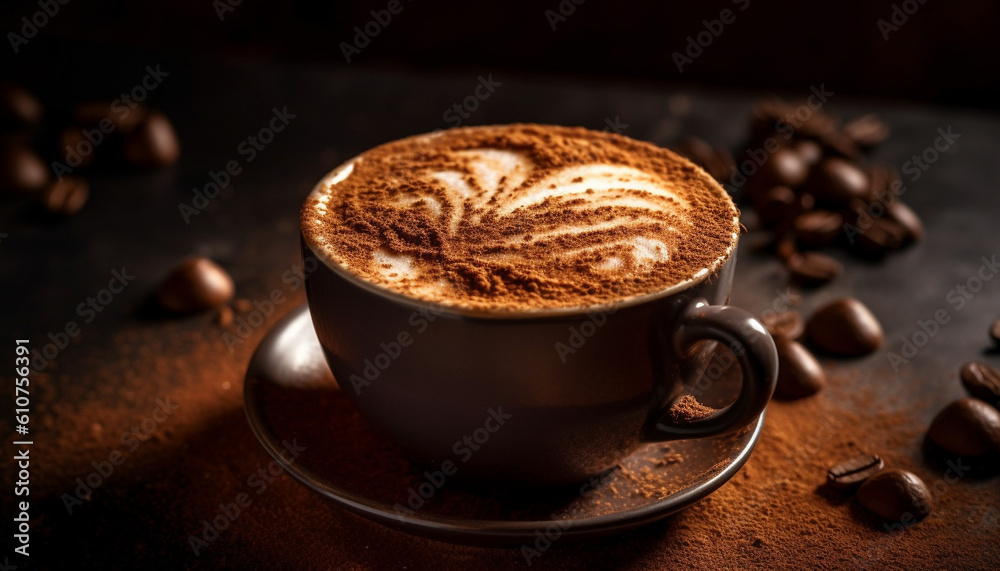 Frothy coffee cup on rustic table, heart shaped foam, Italian aroma generated by AI