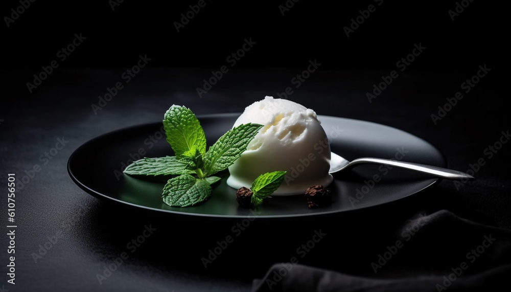 Fresh gourmet dessert with mint leaf and raspberry on plate generated by AI