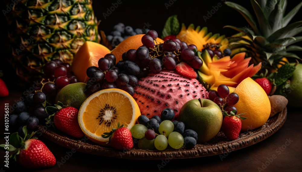 Fresh fruit salad with pineapple, grape, strawberry, kiwi, and melon generated by AI