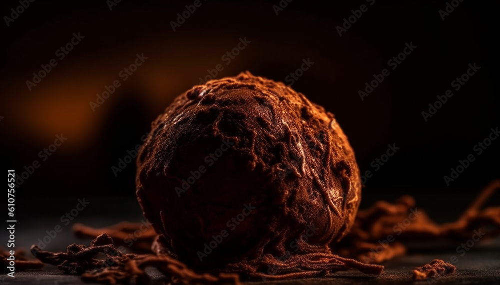 Gourmet chocolate ball on wooden table, surrounded by autumn leaves generated by AI