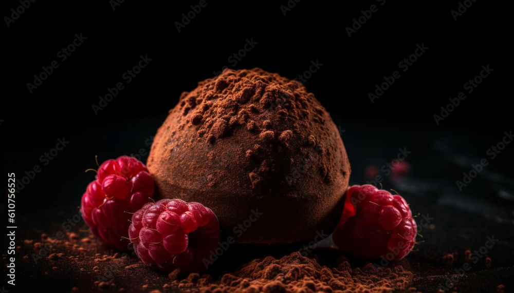 Dark chocolate truffle ball with raspberry and vanilla cream filling generated by AI