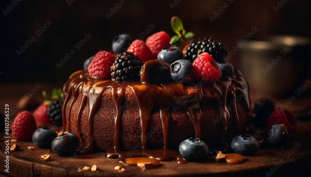 Indulgent homemade berry cheesecake on rustic wood table with mint leaf decoration generated by AI