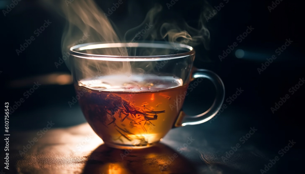 Hot drink in glass mug on wooden table with steam generated by AI