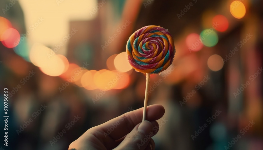 Hand holding multi colored lollipop, a sweet indulgence for celebration generated by AI