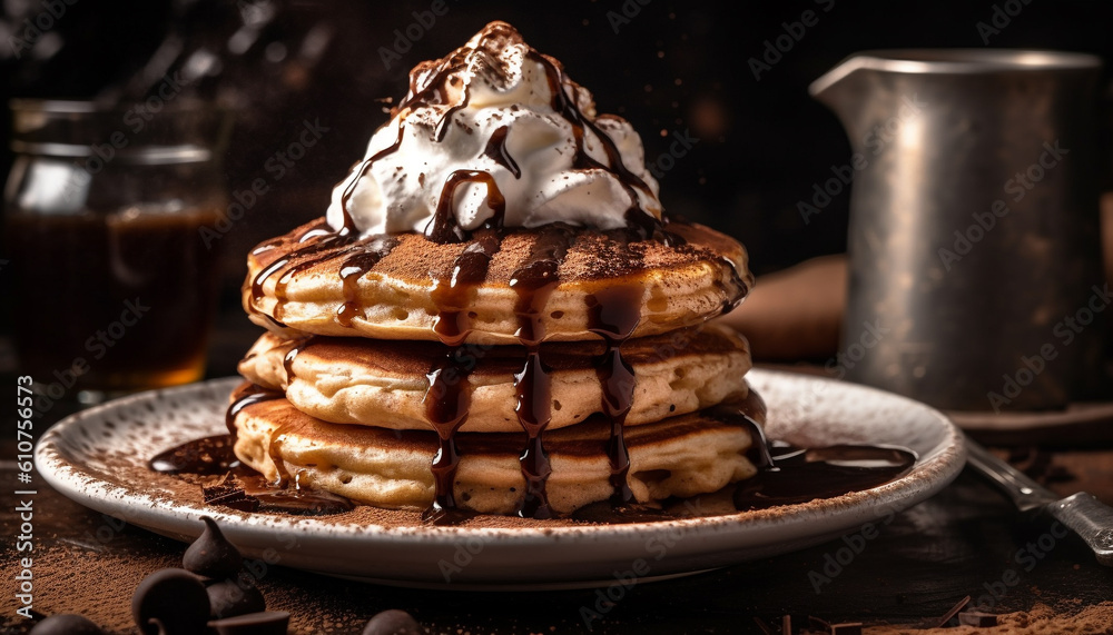 Stack of homemade pancakes with chocolate sauce and syrup heap generated by AI